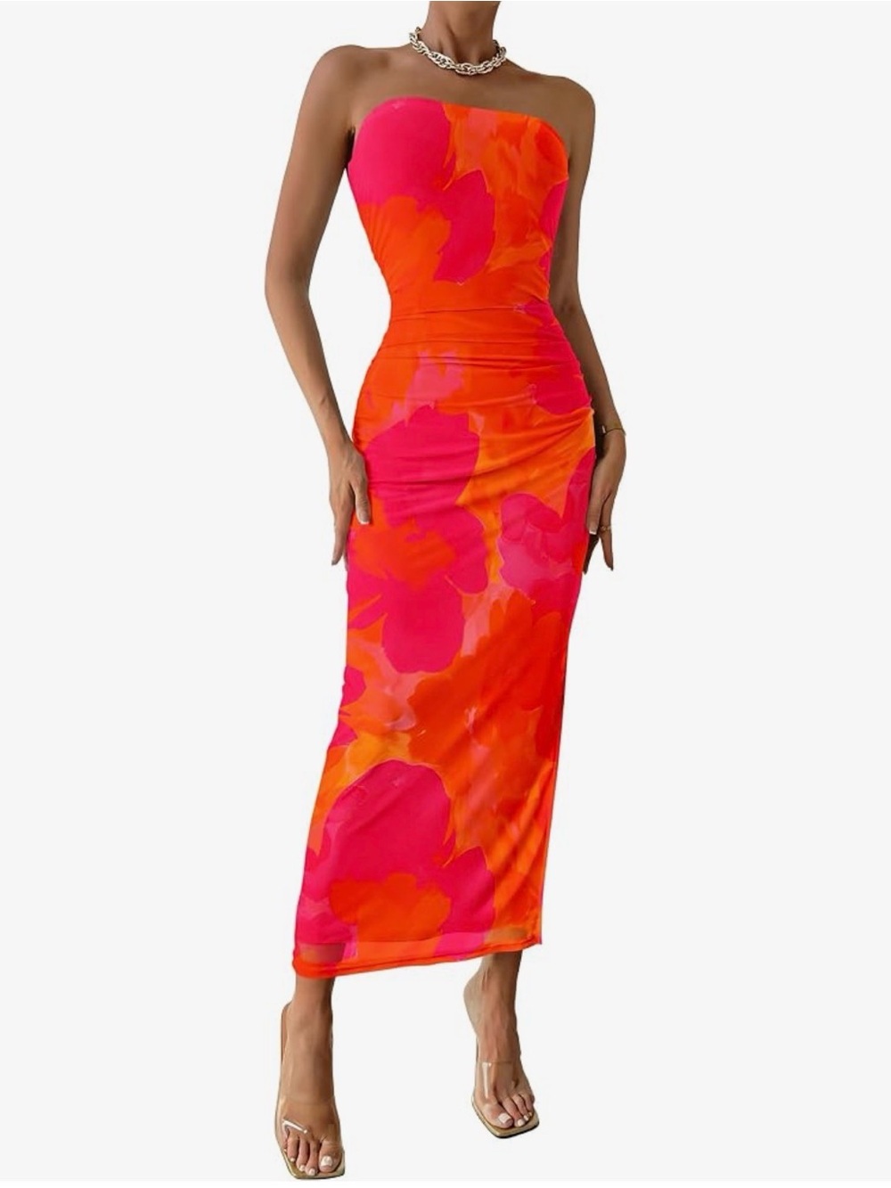 Strapless Floral Bodycon Midi Dress - Hot Pink & Orange